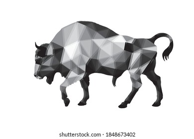 bison, bull, isolated monochrome image on a white background in a low-poly style