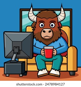 A BISON CHILLING INFORNT OF TV SET
