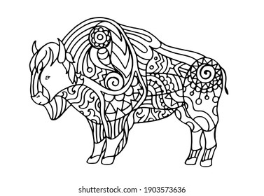Bison coloring book. Drawing of an animal. Hand-drawn coloring book for children and adults. Beautiful drawings with patterns and small details. See more coloring pages in the collections. Vector.
