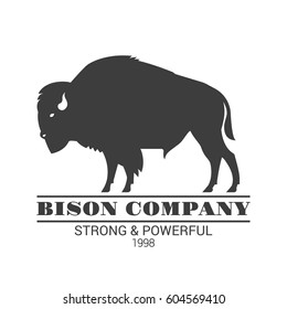 "Bison company" logo template. Vector black color illustration of american bison, standing in profile. Isolated on white.