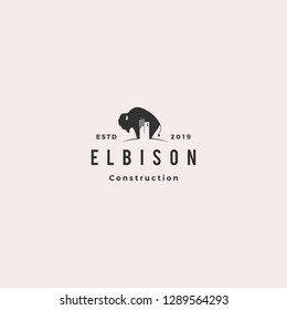 bison construction building logo hipster retro vintage vector icon illustration