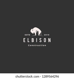 bison construction building logo hipster retro vintage vector icon illustration