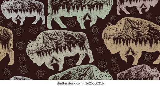 Bison, double exposure animals. Seamless pattern. Packing old paper, scrapbooking style. Vintage background. Medieval manuscript, engraving art. Buffalo bull travel symbol, adventure, tourism 