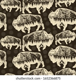 Bison, double exposure animals. Seamless pattern. Packing old paper, scrapbooking style. Vintage background. Medieval manuscript, engraving art. Buffalo bull travel symbol, adventure, tourism 