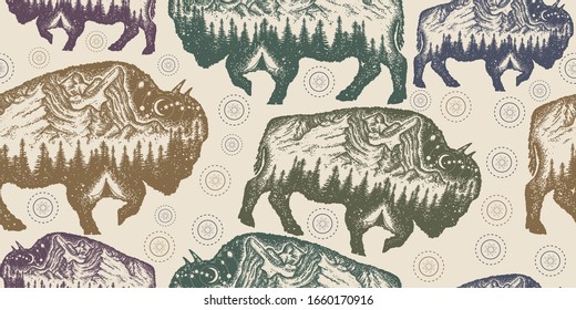 Bison, double exposure animals. Seamless pattern. Packing old paper, scrapbooking style. Vintage background. Medieval manuscript, engraving art. Buffalo bull travel symbol, adventure, tourism