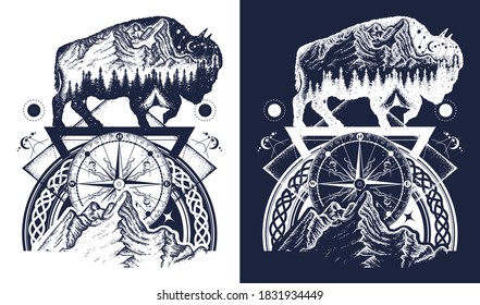 Bison double exposure, mountains, compass, tattoo art. Tourism symbol, adventure, great outdoor. Black and white vector graphics 