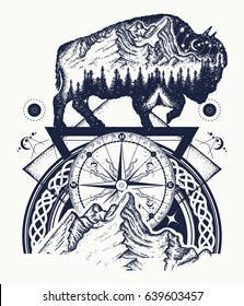 Bison double exposure, mountains, compass, tattoo art. Tourism symbol, adventure, great outdoor. Mountains, compass 