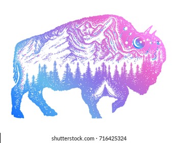 Bison double exposure tattoo art. Mountain, forest, night sky. Buffalo bull travel symbol, adventure tourism 