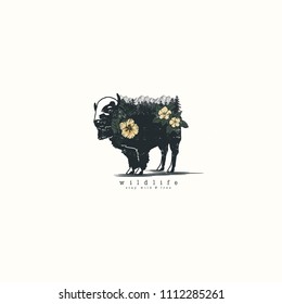 bison in Double exposure vector for your design, wildlife concept.