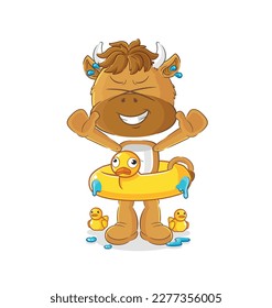 the bison with duck buoy cartoon. cartoon mascot vector