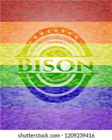 Bison emblem on mosaic background with the colors of the LGBT flag