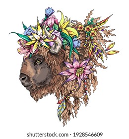 Bison with exotic flowers, braids and feathers. Beautiful wild animal with ethnic style decorations. Hand drawn style vector illustration. Stylish image for printing on any surface.