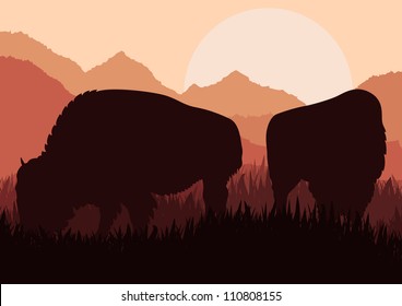 Bison family in wild America nature landscape background illustration vector