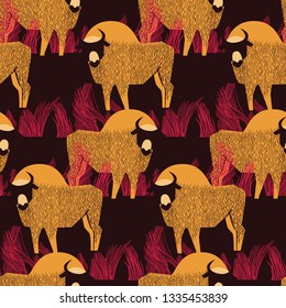 Bison in a field in high grass seamless pattern