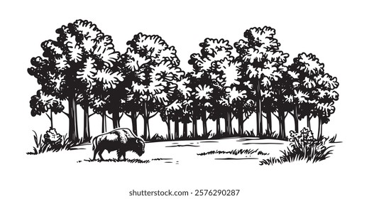 bison grazing in forest clearing hand-drawn black and white illustration