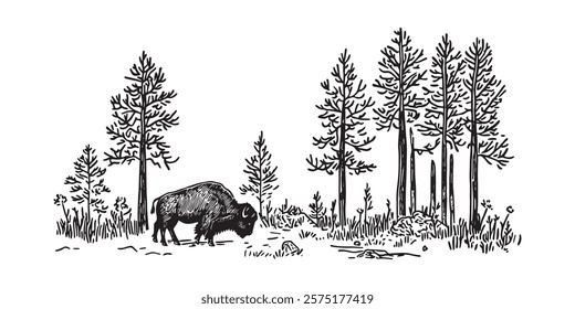 bison grazing in forest landscape in black and white illustration