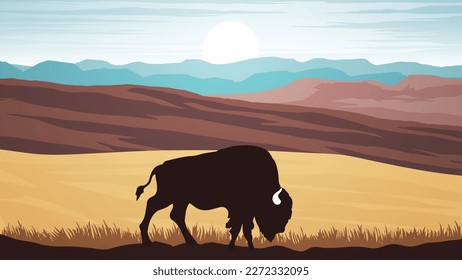 A bison grazing on a vast prairie with tall grass