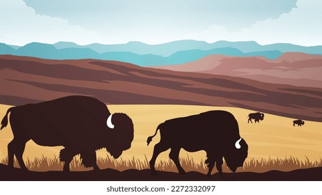 bison grazing on a vast prairie with tall grass