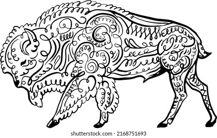 bison, hand drawn grungy old classic swirl doodle line art illustration 