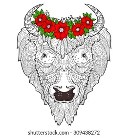 Bison head doodle on white background with red flowers.