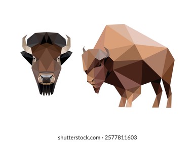 Bison head face logo on polygonal vector. Angry bison buffalo face low poly abstract illustration. Graphic vector of bison head icon emblem