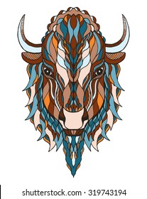 Bison cabeça zentangle estilizado, vetor, ilustração, lápis mão livre, mão desenhada, padrão. Impressão para t-shirts, design de tampa móvel.