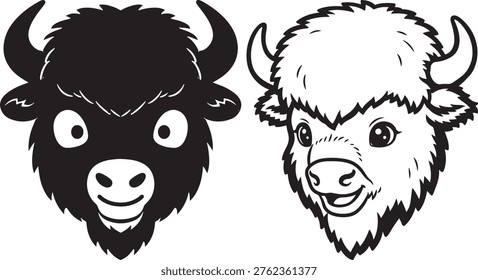 Bison heads cute cartoon style, friendly animal faces, black and white and color.