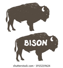 Bison icon silhouette with old grunge effect. Vector illustration buffalo bison isolated on white