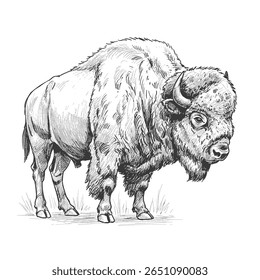 Bison. Large shaggy American bison in short grass, suitable for wildlife posters, nature magazines, and educational materials about American wildlife.
