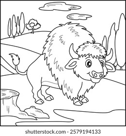 Bison line art for coloring book with simple background
