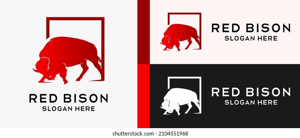 bison logo design template with red color silhouette in box. premium vector