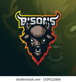 bison mascot logo design vector with modern illustration concept style for badge, emblem and tshirt printing. angry head bison illustration for sport team.