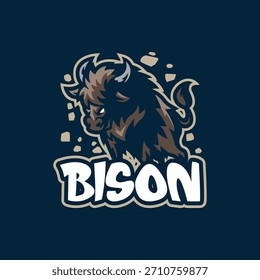 Vetor de design do logotipo do mascote do bisão. Ilustração de bisão irritado para a equipe esportiva.