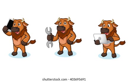 Bison Mascot Vector with laptop, phone and tools