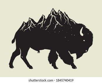 Bison with mountain range on its back. Traveling America nature parks isolated vector illustration.