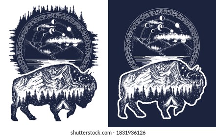 Bison and mountains tattoo art. Buffalo bull travel symbol, adventure tourism. Mountain, forest, night sky. Magic tribal double exposure animals. Black and white vector graphics 