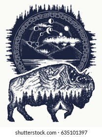 Bison and mountains tattoo art. Buffalo bull travel symbol, adventure tourism. Mountain, forest, night sky. Magic tribal bison double exposure animals 