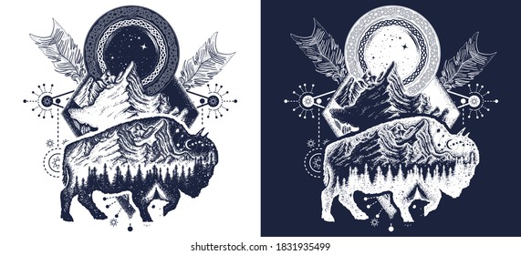 Bison and mountains tattoo. Tourism symbol, adventure, great outdoor. Buffalo silhouette t-shirt design tribal art. Black and white vector graphics 