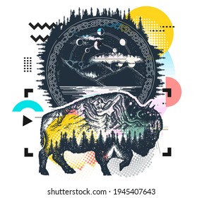 Bison and mountains tattoo. Tourism symbol, adventure, great outdoor. Vaporwave art. Surreal pop culture style. Zine culture concept. Hand drawn vector glitch tattoo, contemporary cyberpunk collage 