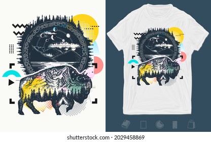 Bison and mountains tattoo. Tourism symbol, adventure, great outdoor. Vaporwave art. Surreal pop culture style. T-shirt design. Creative print for clothes. Template for posters, textiles, apparels 