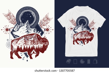Bison and mountains. Tourism symbol, adventure, great outdoor. Print for t-shirts and another, trendy apparel design. Buffalo silhouette tribal art 