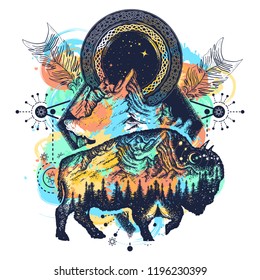 Bison and mountains t-shirt design watercolor splashes style, tattoo. Bison double exposure, mountains, crossed arrows. Tourism symbol, adventure, great outdoor 