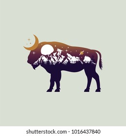 bison and night mountain landscape double exposure, space view, fantasy  style. Vector illustrations