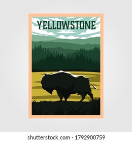 bison on yellowstone national park vintage poster vector illustration, travel poster design