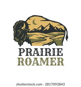 Bison Prairie Roamer logo design showcasing a powerful American buffalo silhouette filled with mountains a river and the moon ideal for outdoor branding