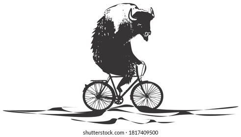 Bison riding bicycle. Fun , retro and vintage illustration vector art .Original Hand drawing