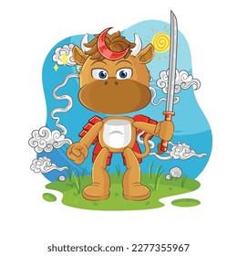 the bison samurai cartoon. cartoon mascot vector