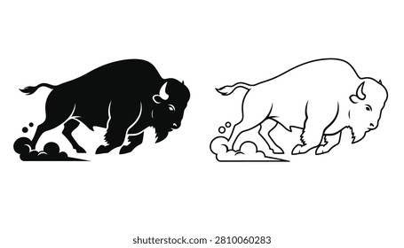 Bison Set Charging with Dynamic Dust Trail in Flat Black Silhouette and Outline Vector Styles