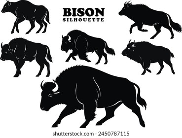 Bison silhouette collection. Set of black Bison silhouette. Bison silhouette set.