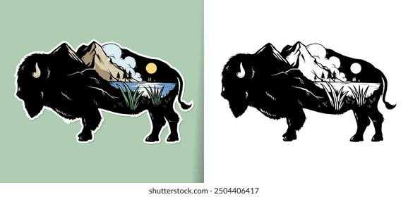 Bison silhouette double exposure with mountain landscape. Nature clip art concept for badge, patch, poster, t-shirt